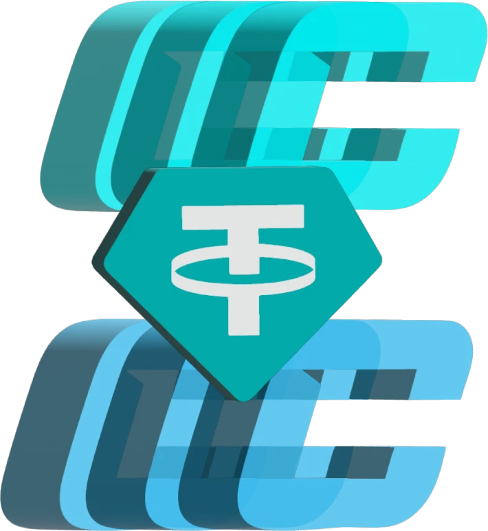 Logo USDT en frente de logo C-Store con estilo futurista